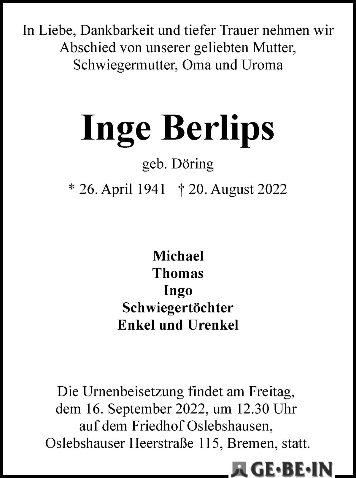 Traueranzeige von Inge Berlips von WESER-KURIER