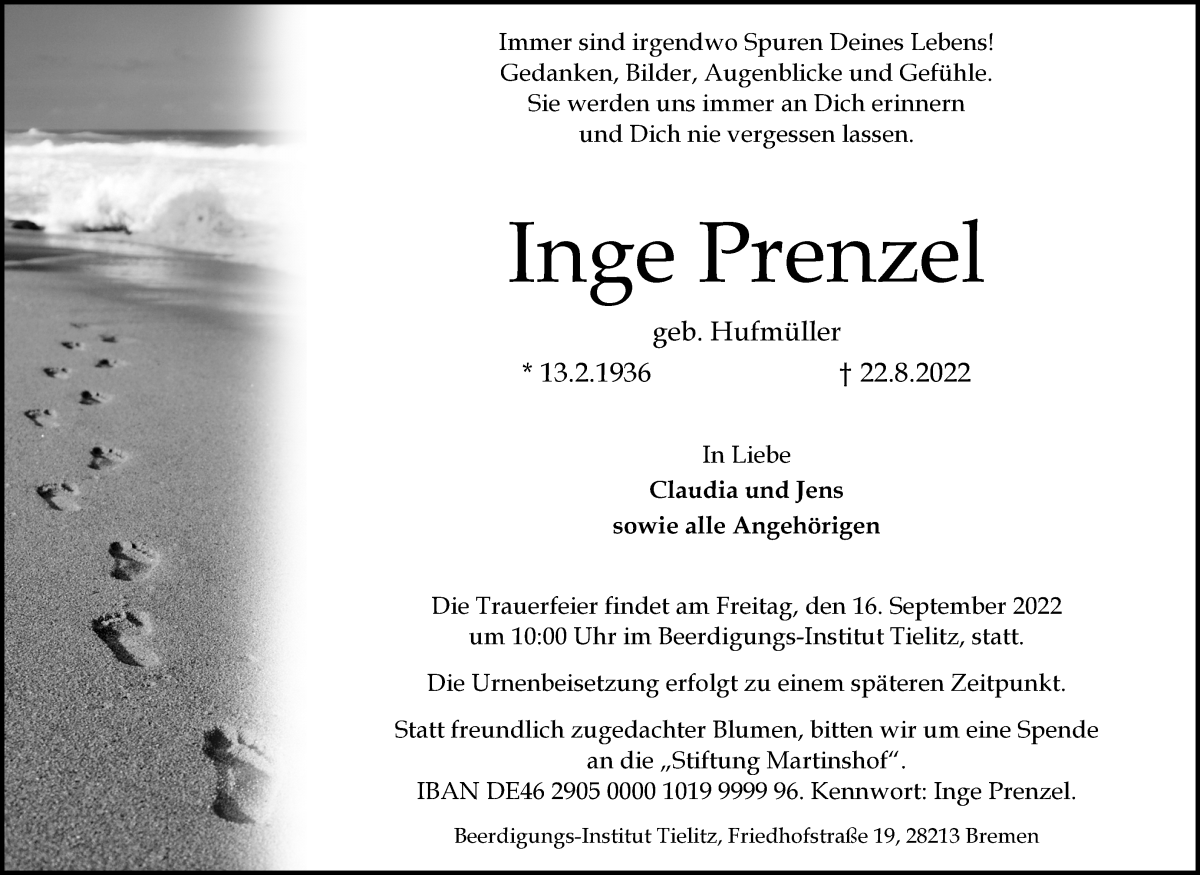 Traueranzeige von Inge Prenzel von WESER-KURIER