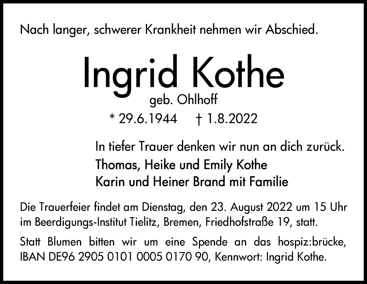 Traueranzeige von Ingrid Kothe von WESER-KURIER