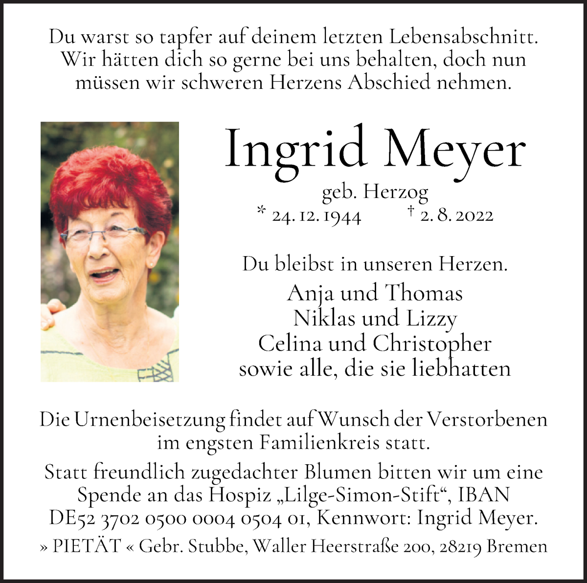 Traueranzeige von Ingrid Meyer von WESER-KURIER