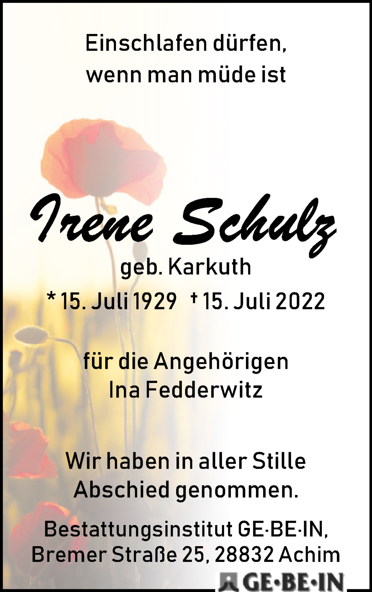 Traueranzeige von Irene Schulz von WESER-KURIER