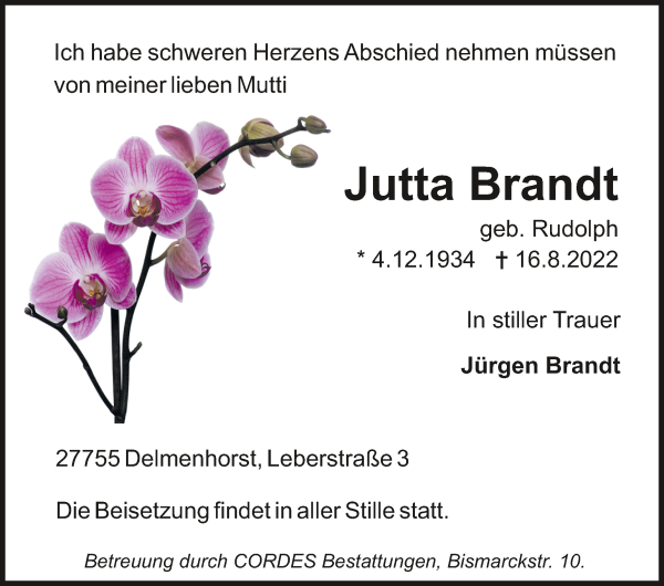Traueranzeige von Jutta Brandt von WESER-KURIER