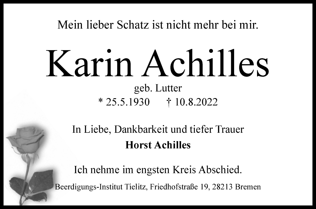 Traueranzeige von Karin Achilles von WESER-KURIER