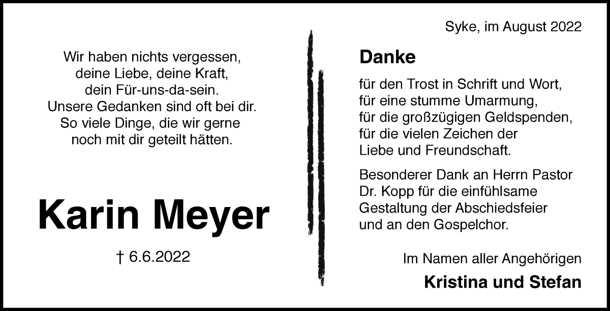 Traueranzeige von Karin Meyer von Regionale Rundschau/Syker Kurier