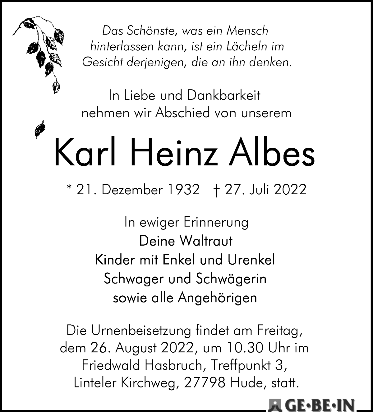 Traueranzeige von Karl Heinz Albes von WESER-KURIER