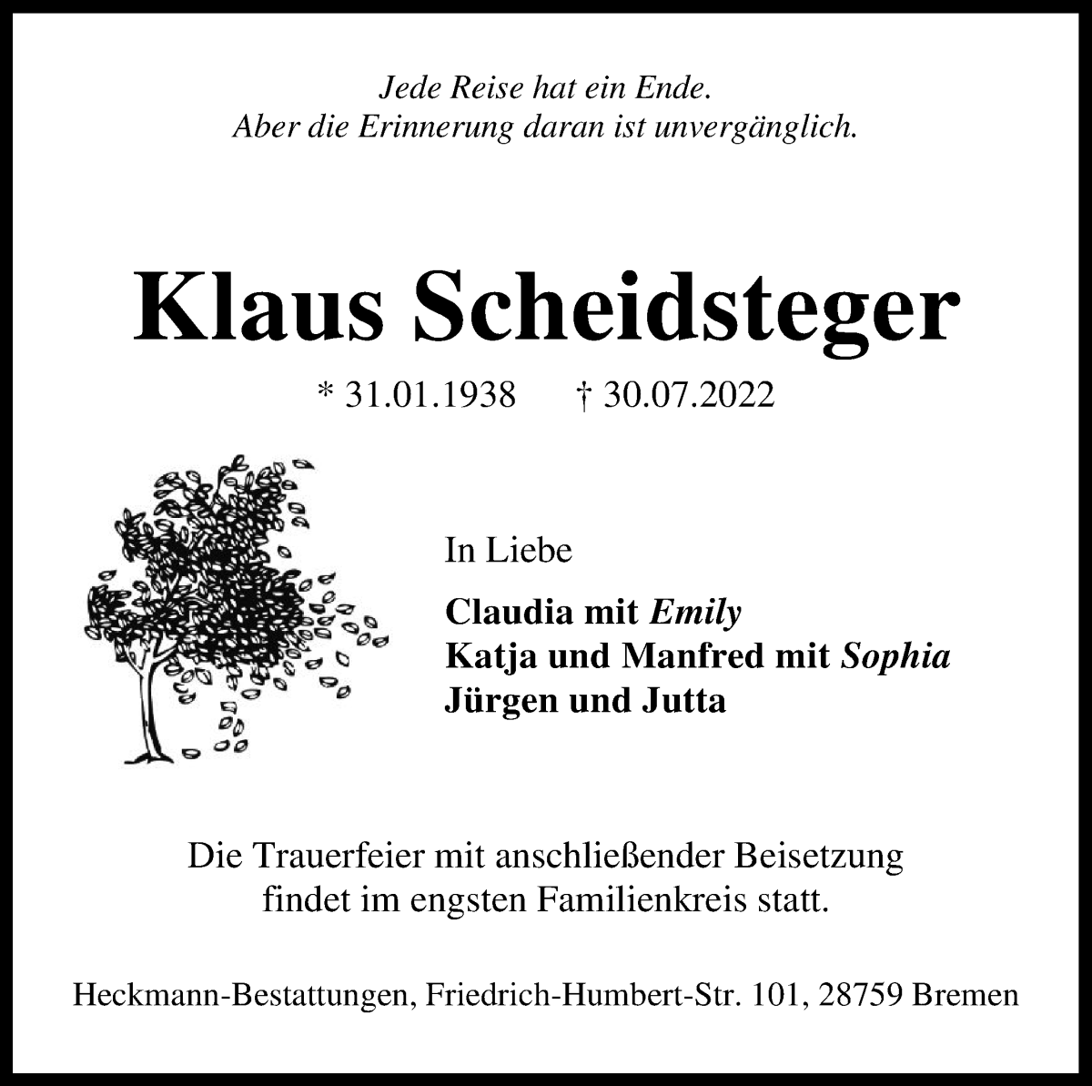 Traueranzeige von Klaus Scheidsteger von Die Norddeutsche