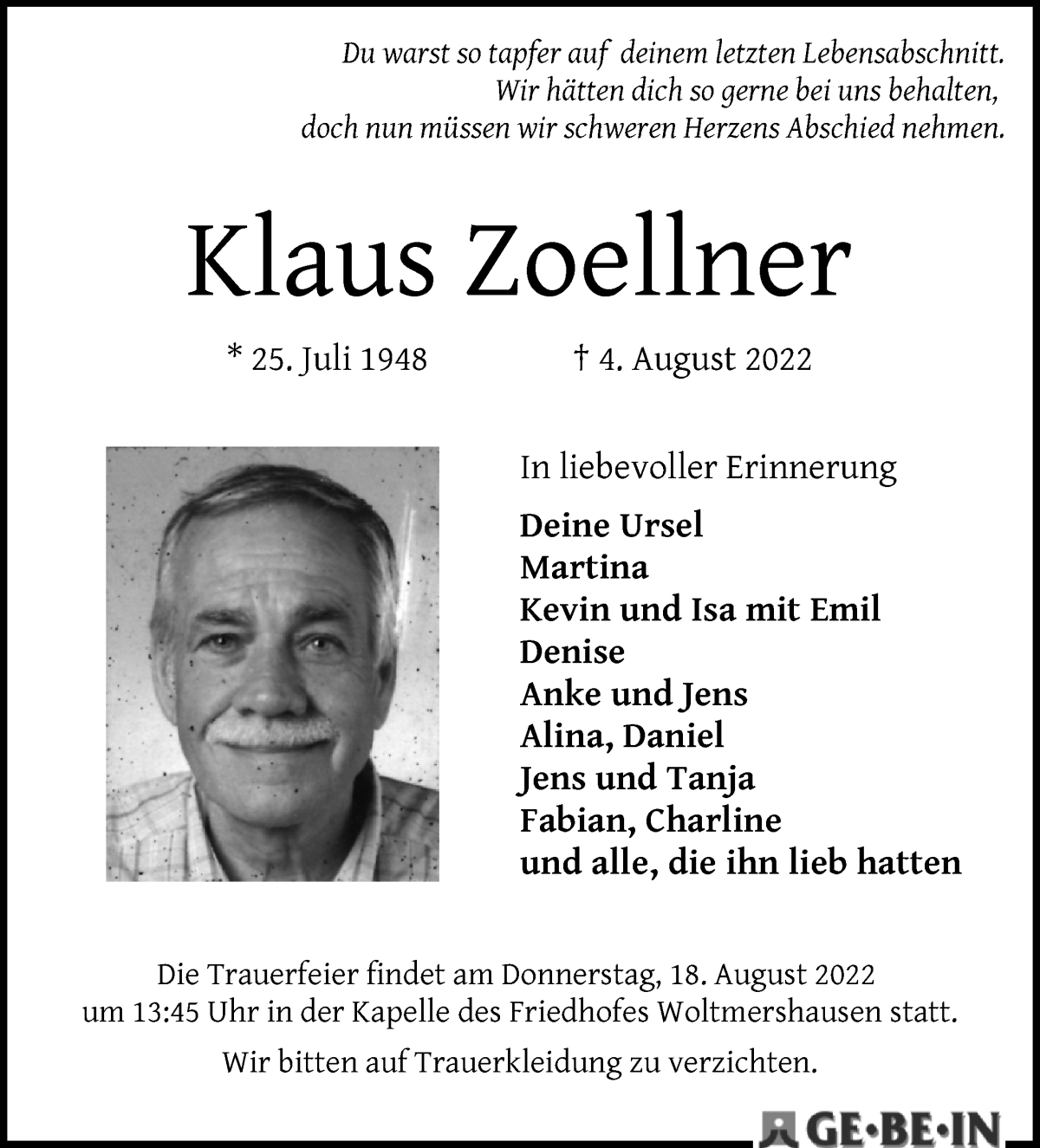 Traueranzeige von Klaus Zoellner von WESER-KURIER