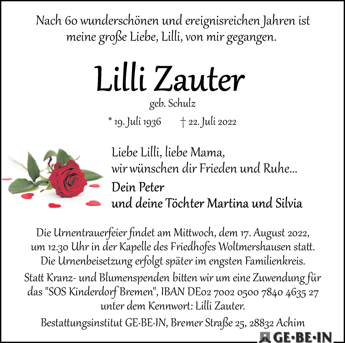 Traueranzeige von Lilli Zauter von WESER-KURIER