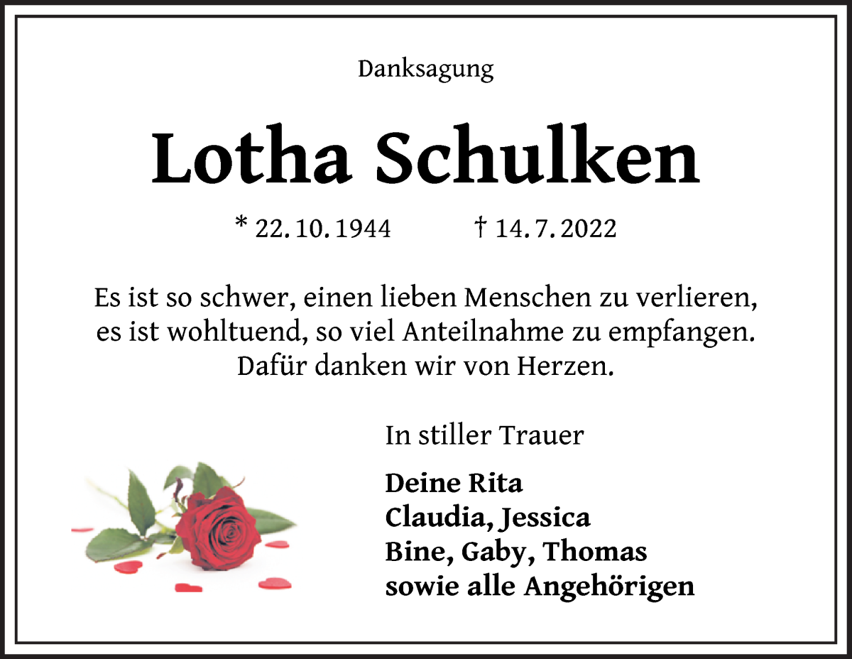 Traueranzeige von Lotha Schulken von Die Norddeutsche