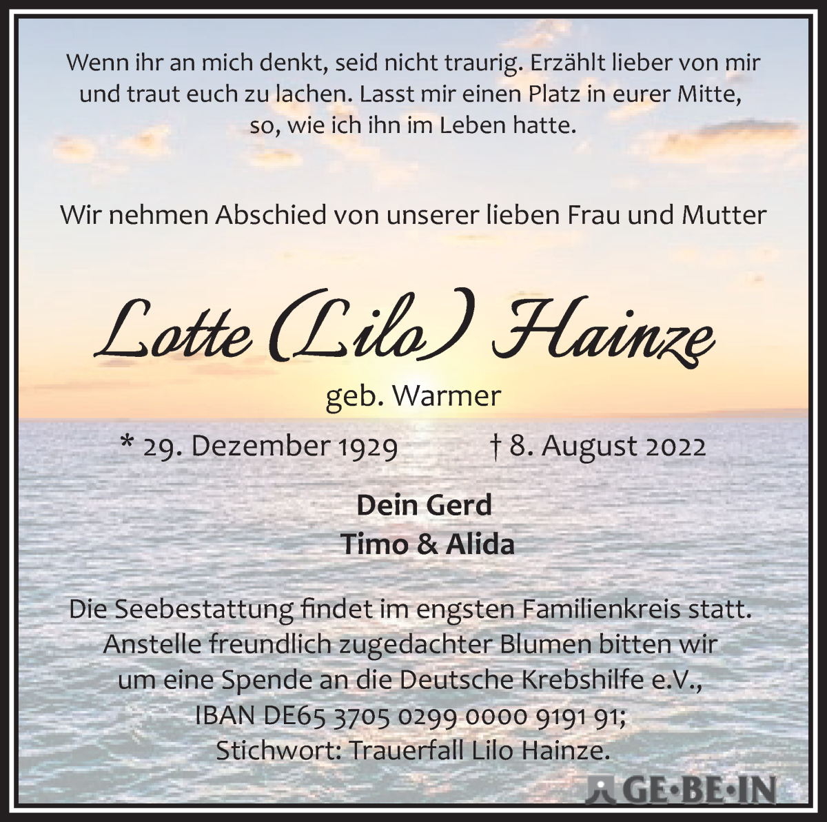 Traueranzeige von Lotte Hainze von WESER-KURIER