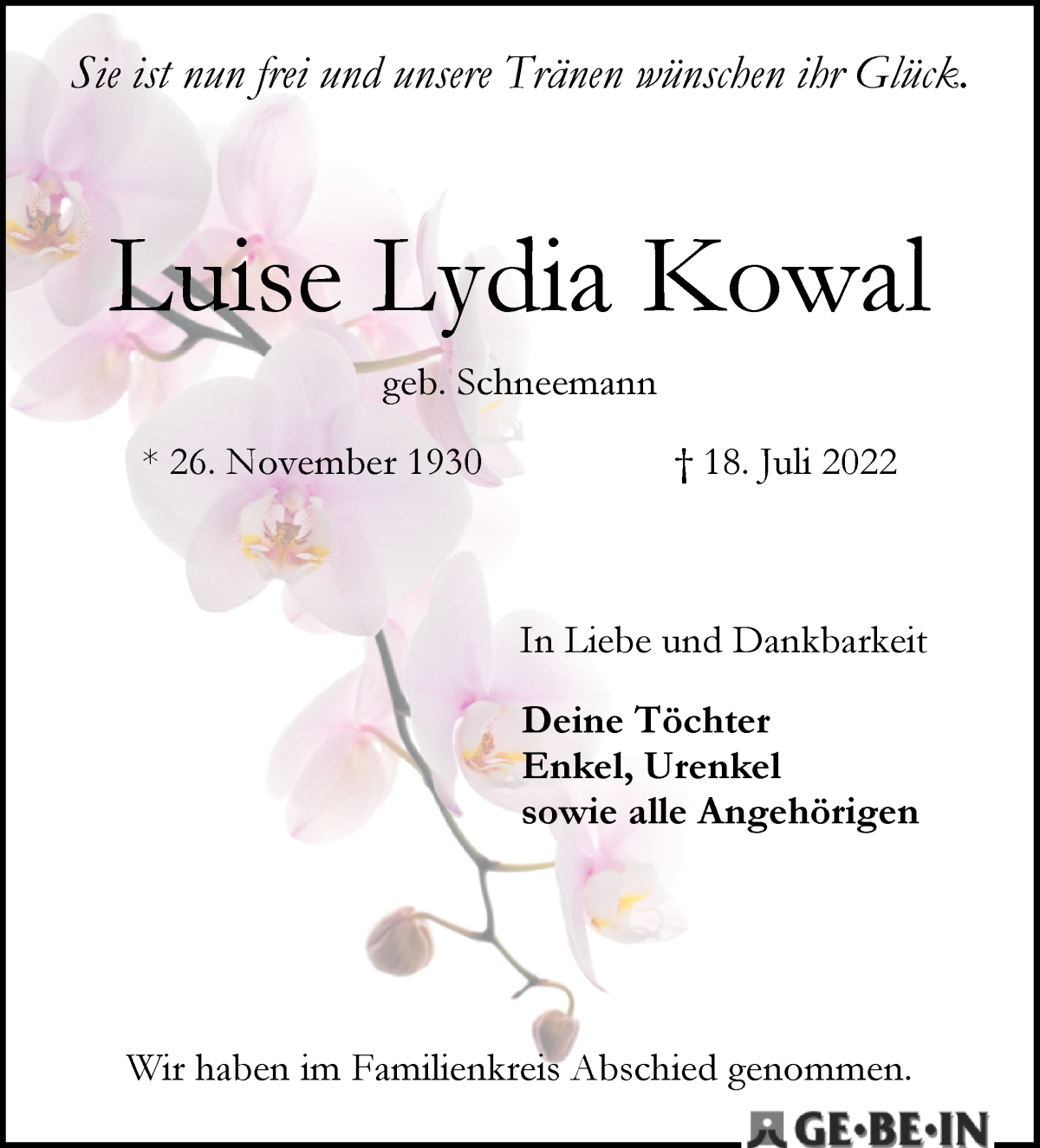 Traueranzeige von Luise Lydia Kowal von WESER-KURIER