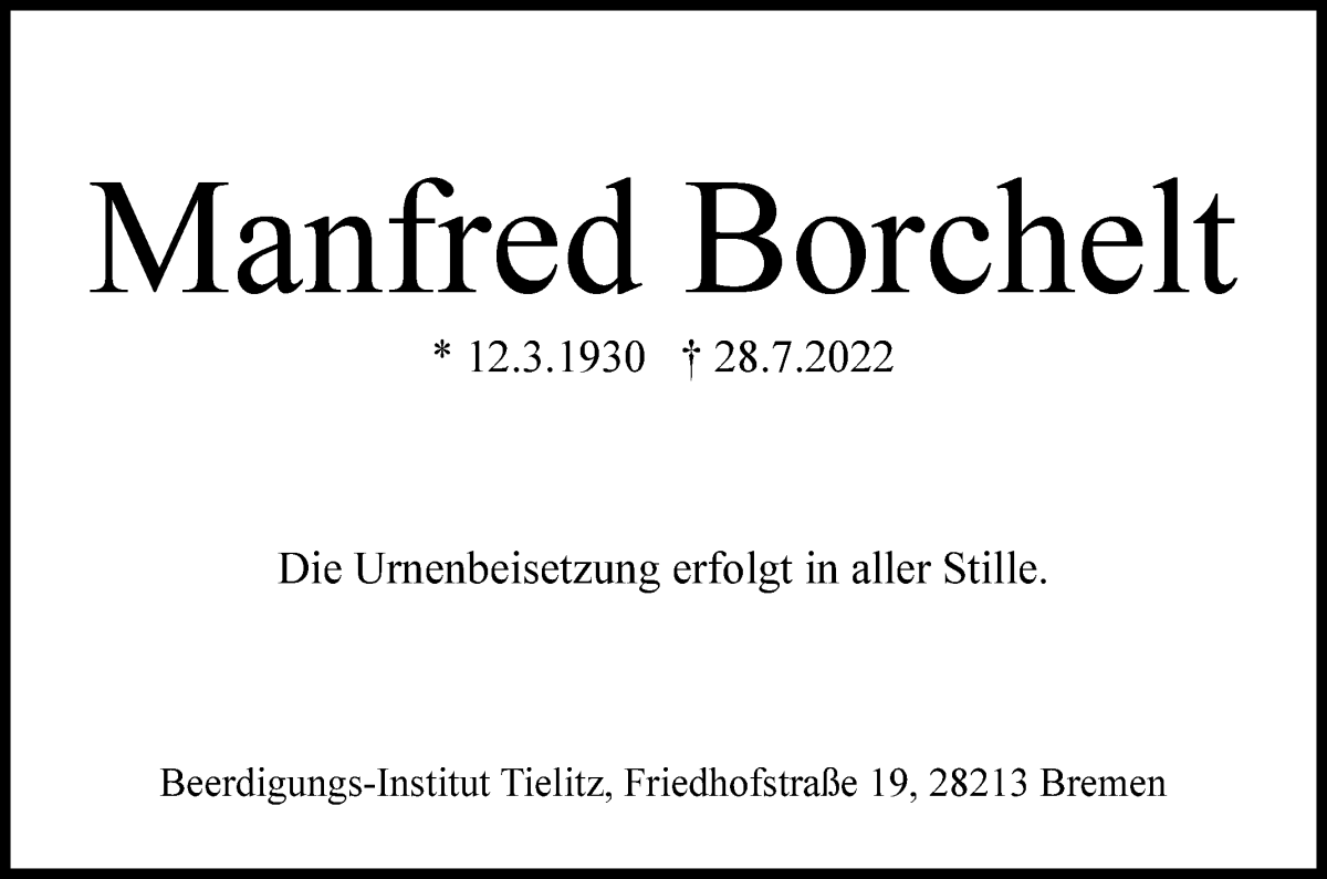 Traueranzeige von Manfred Borchelt von WESER-KURIER