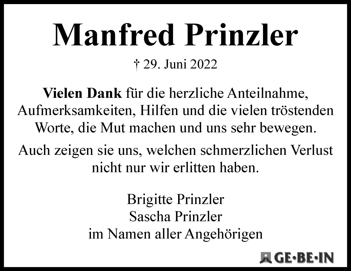 Traueranzeige von Manfred Prinzler von WESER-KURIER