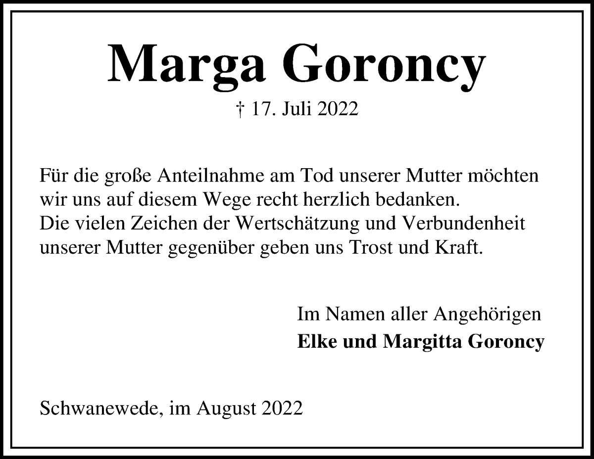 Traueranzeige von Marga Goroncy von Die Norddeutsche