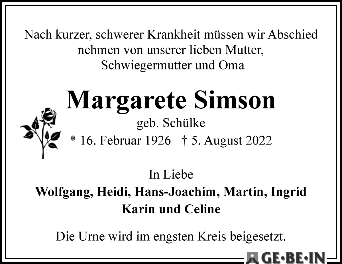 Traueranzeige von Margarete Simson von WESER-KURIER