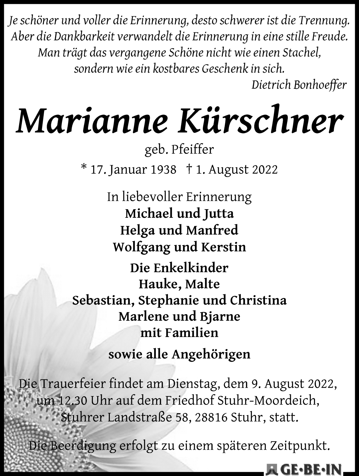Traueranzeige von Marianne Kürschner von WESER-KURIER