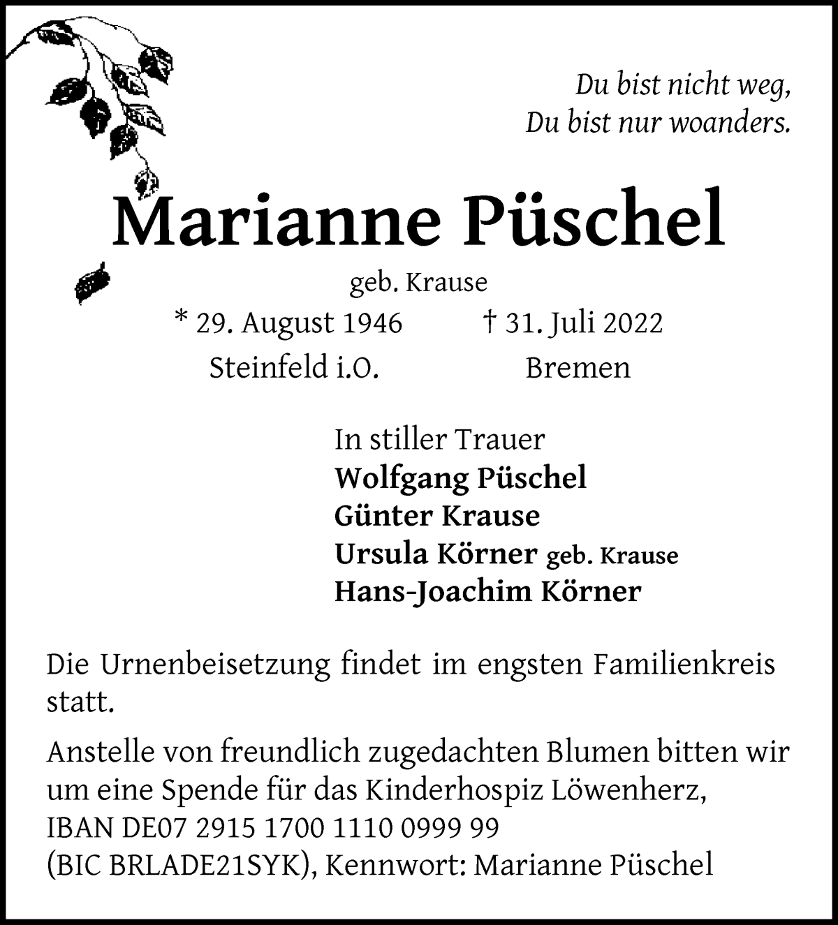Traueranzeige von Marianne Püschel von WESER-KURIER