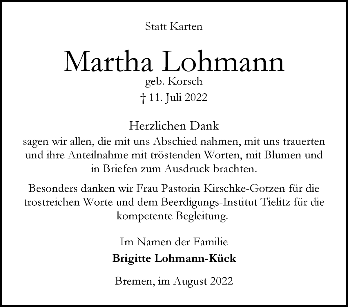 Traueranzeige von Martha Lohmann von WESER-KURIER