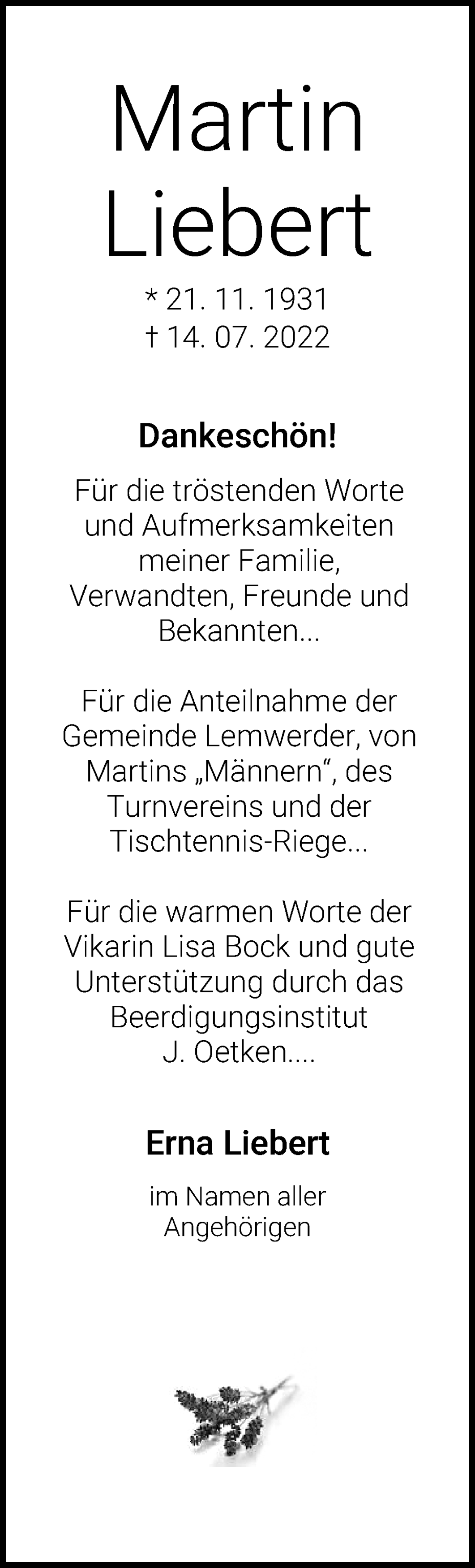 Traueranzeige von Martin Liebert von Die Norddeutsche
