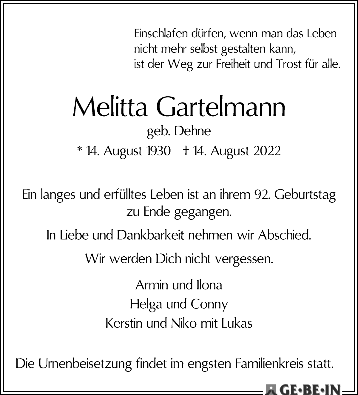 Traueranzeige von Melitta Gartelmann von WESER-KURIER