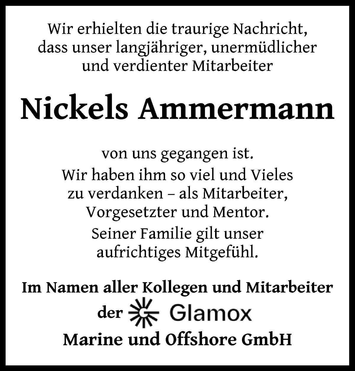 Traueranzeige von Nickels Ackermann von WESER-KURIER