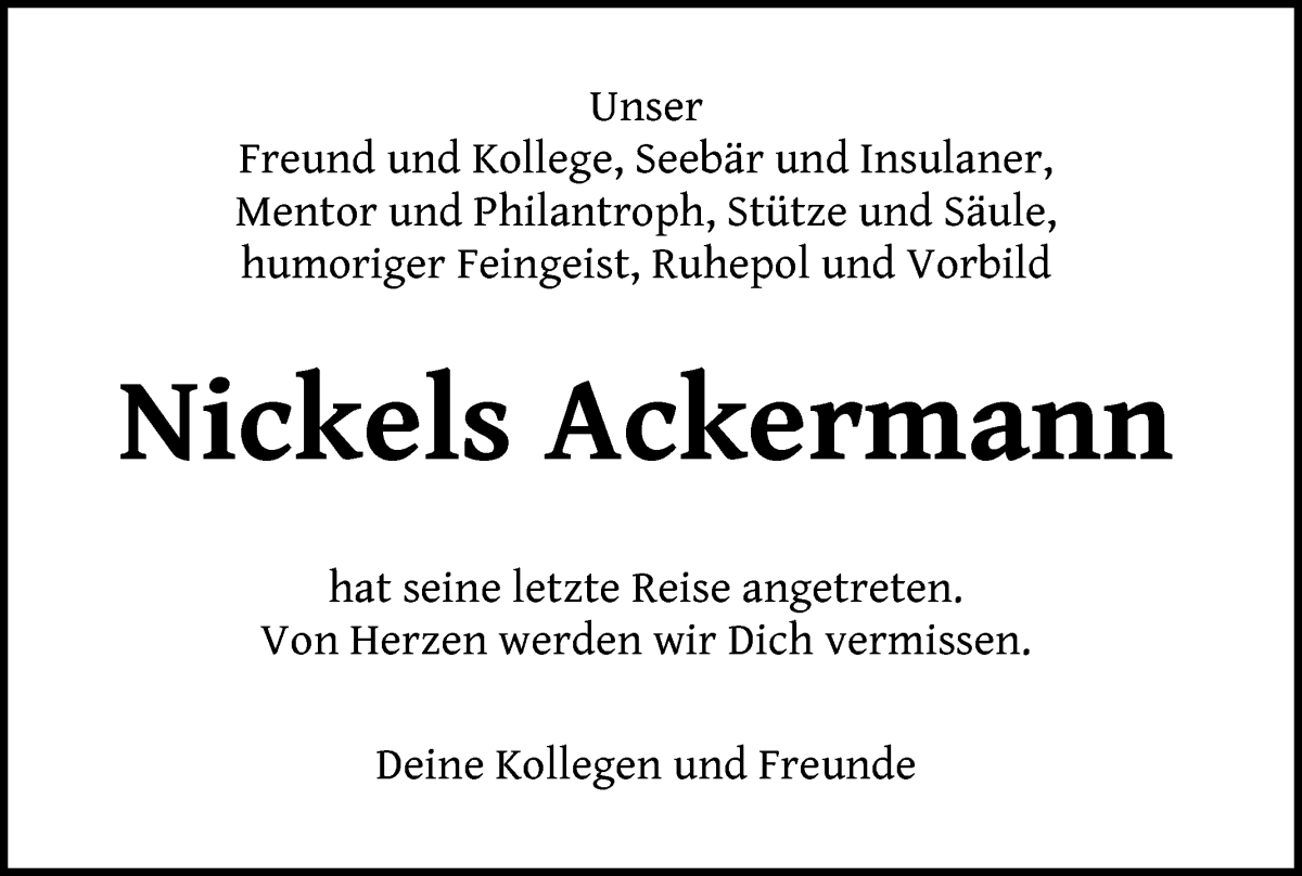 Traueranzeige von Nickels Ackermann von Achimer Kurier/Verdener Nachrichten