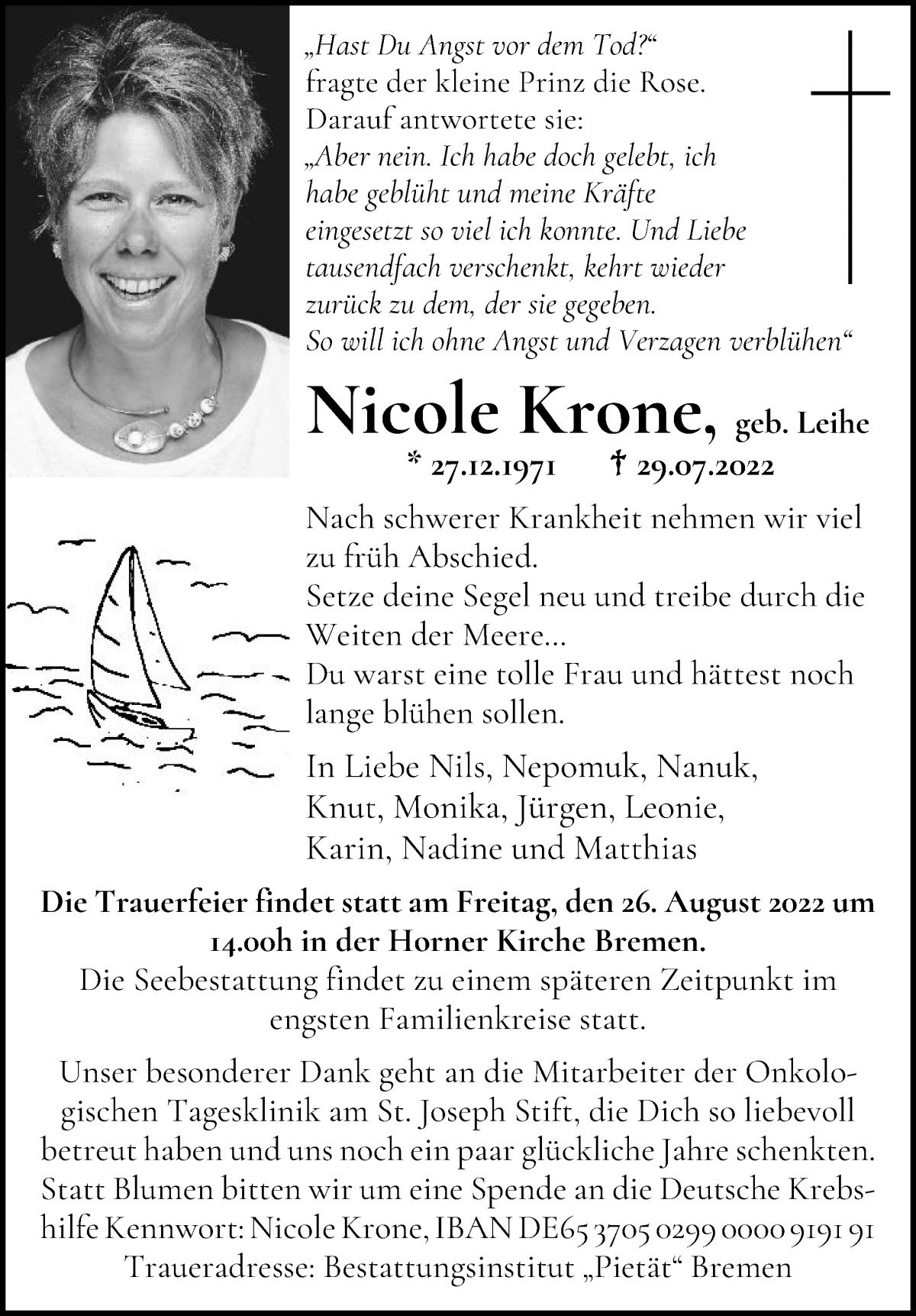 Traueranzeige von Nicole Krone von WESER-KURIER