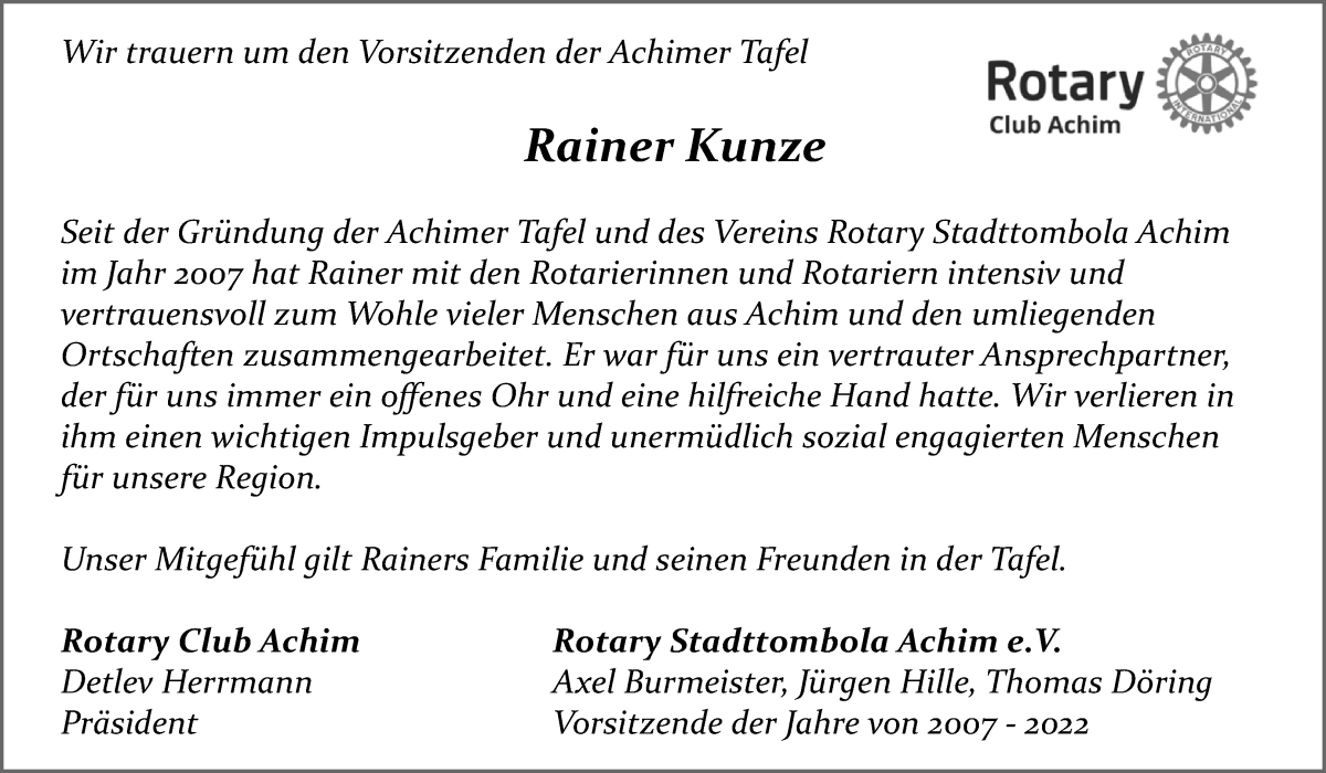 Traueranzeige von Rainer Kunze von Achimer Kurier/Verdener Nachrichten