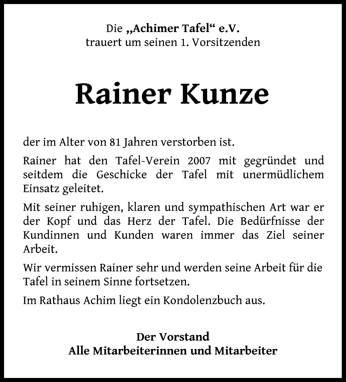 Traueranzeige von Rainer Kunze von Achimer Kurier/Verdener Nachrichten
