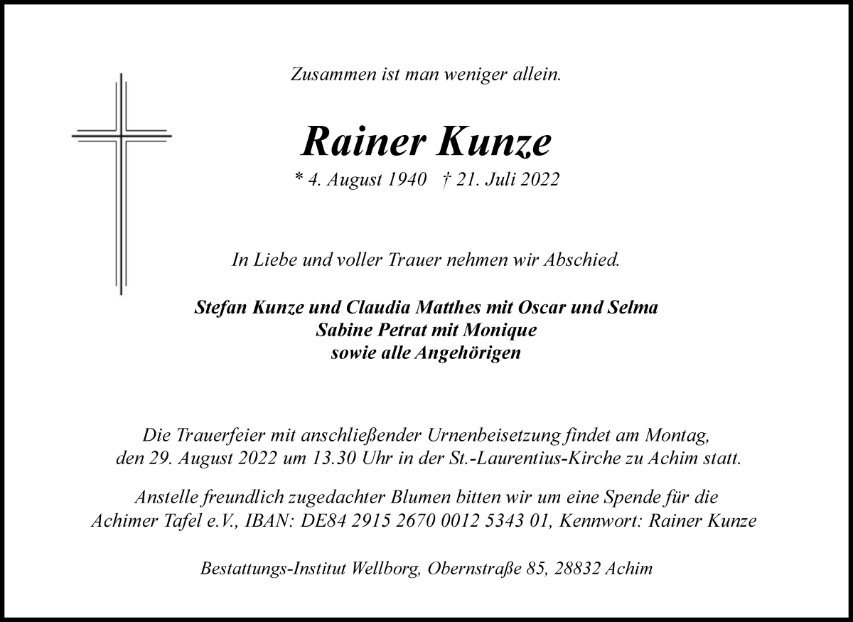 Traueranzeige von Rainer Kunze von Achimer Kurier/Verdener Nachrichten