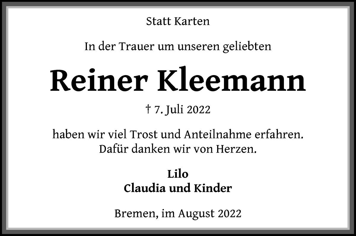 Traueranzeige von Reiner Kleemann von Die Norddeutsche
