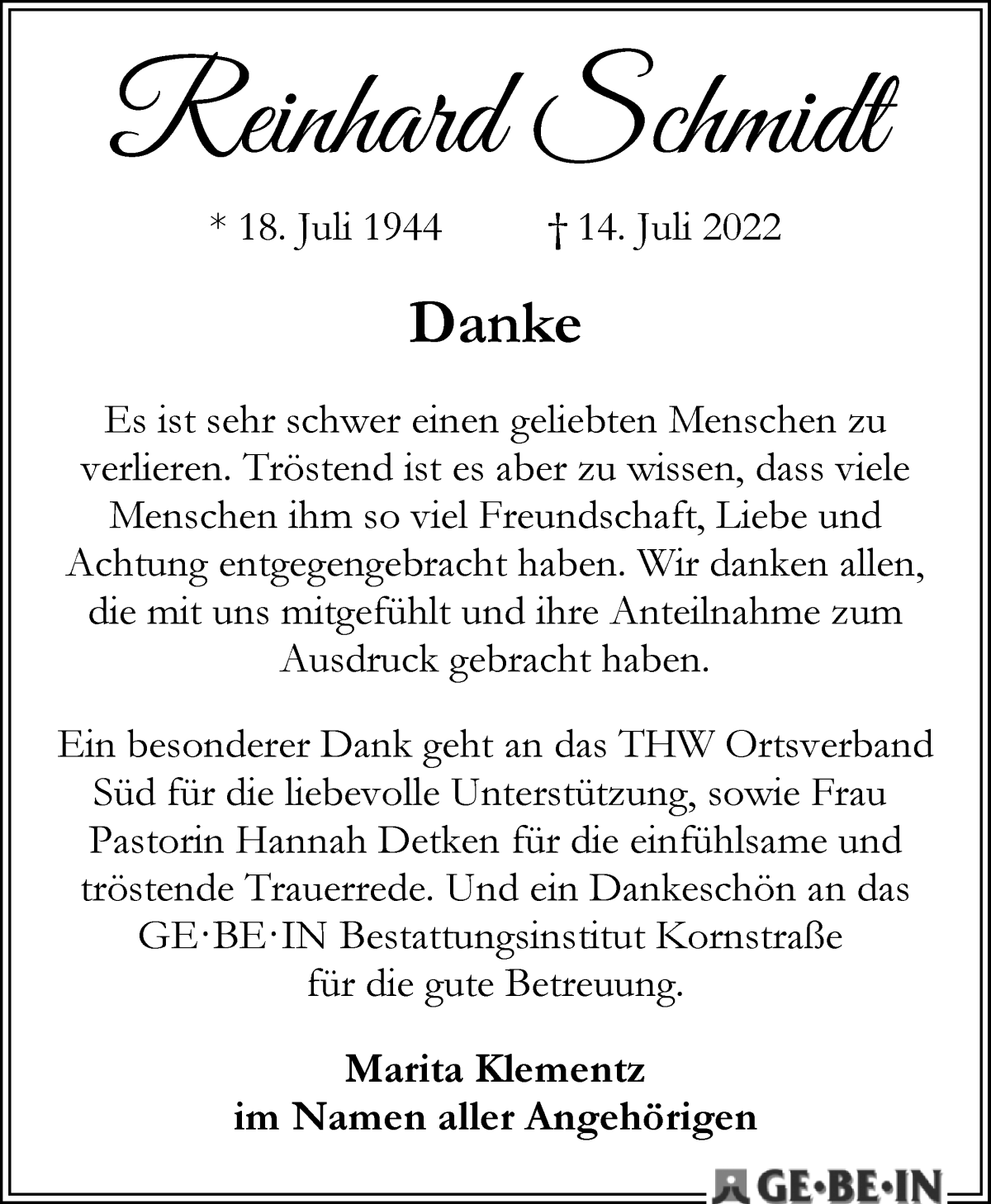 Traueranzeige von Reinhard Schmidt von WESER-KURIER