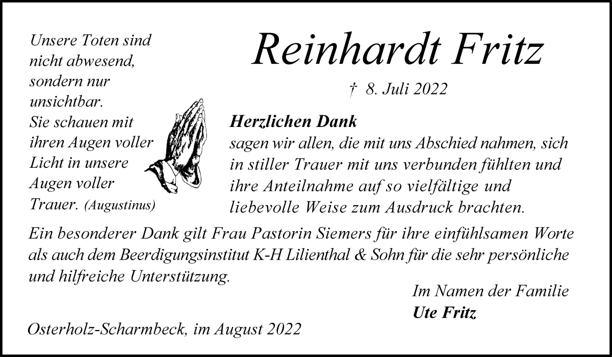 Traueranzeige von Reinhardt Fritz von Osterholzer Kreisblatt