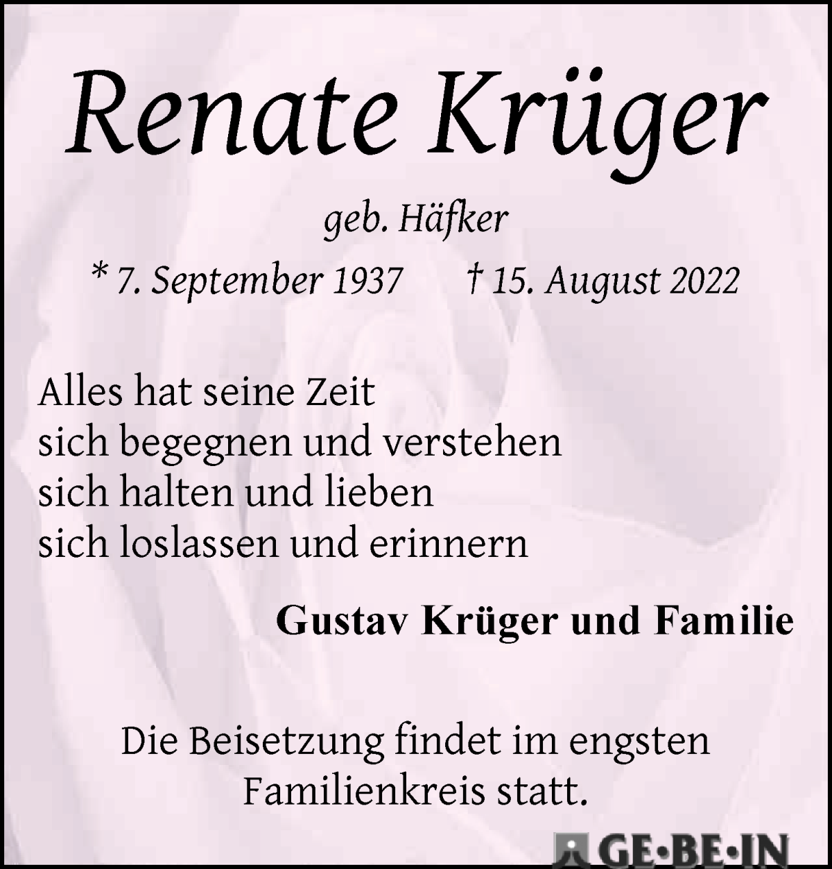 Traueranzeige von Renate Krüger von WESER-KURIER