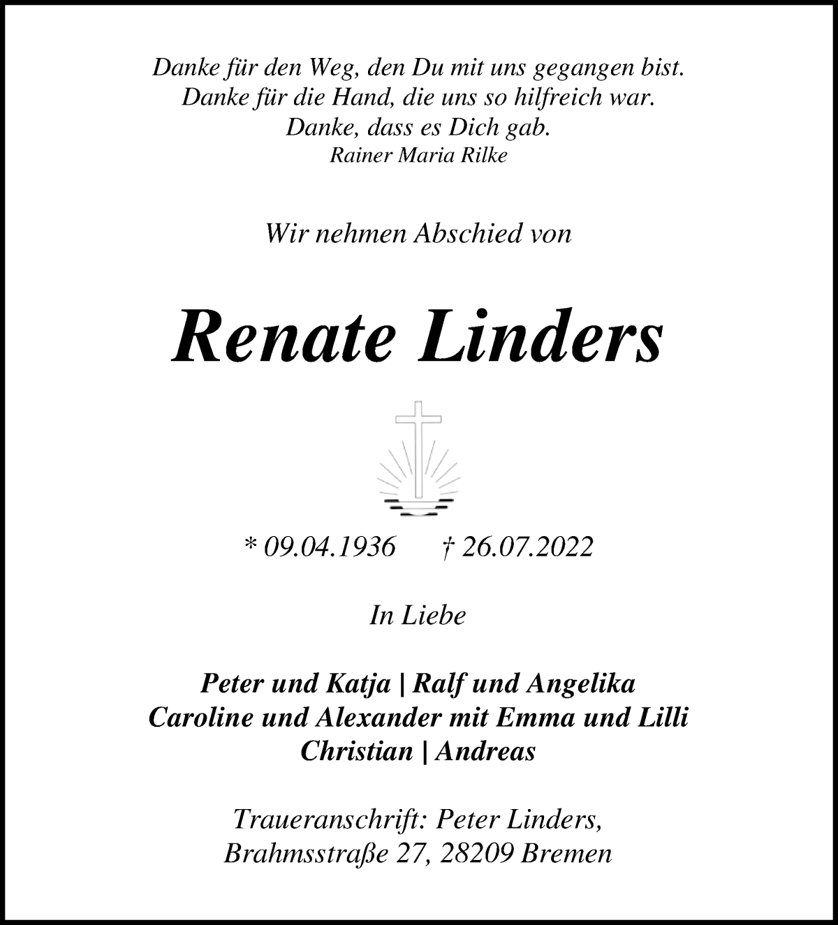 Traueranzeige von Renate Linders von WESER-KURIER
