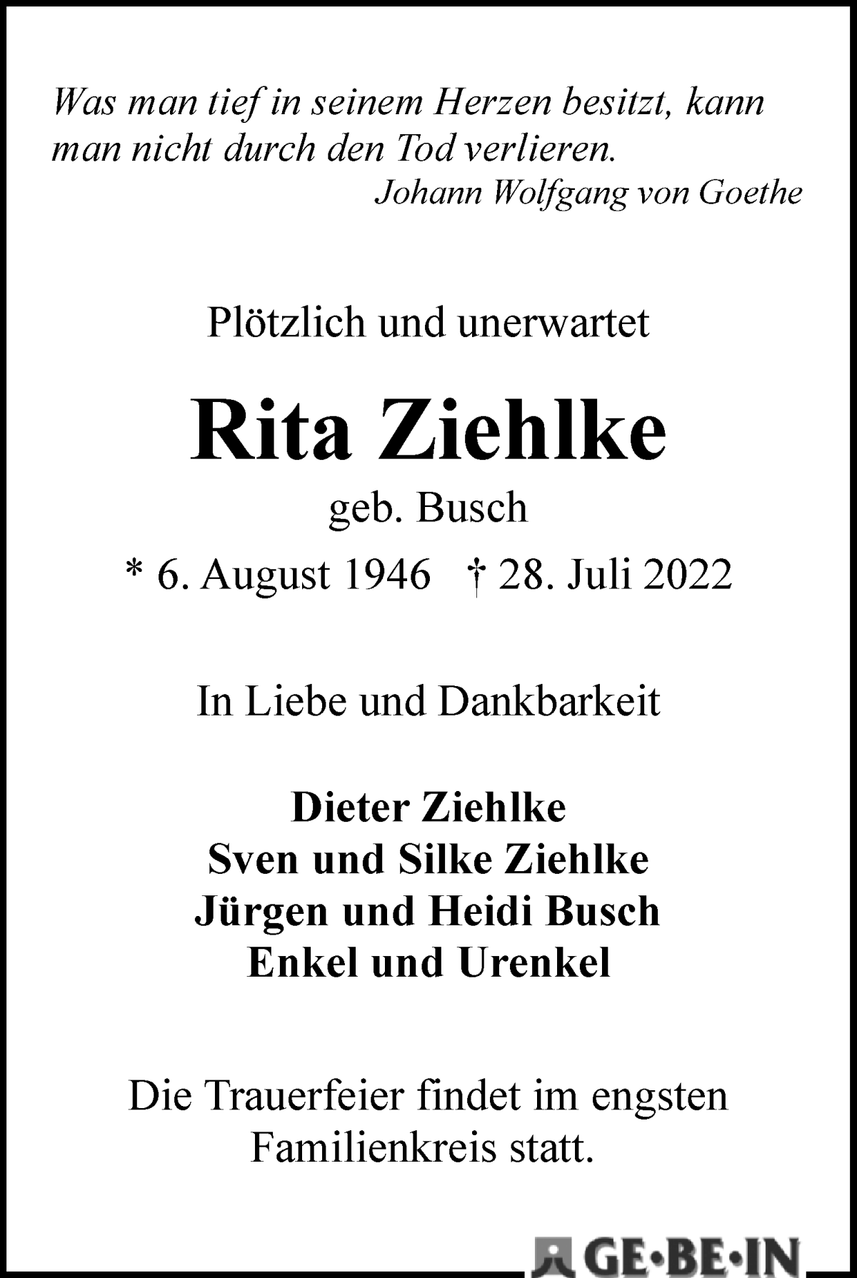 Traueranzeige von Rita Ziehlke von WESER-KURIER