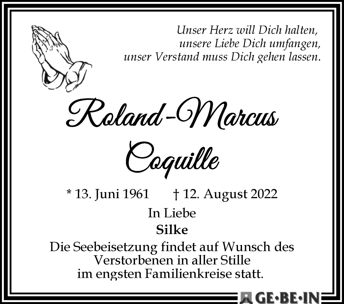 Traueranzeige von Roland-Marcus Coquille von WESER-KURIER