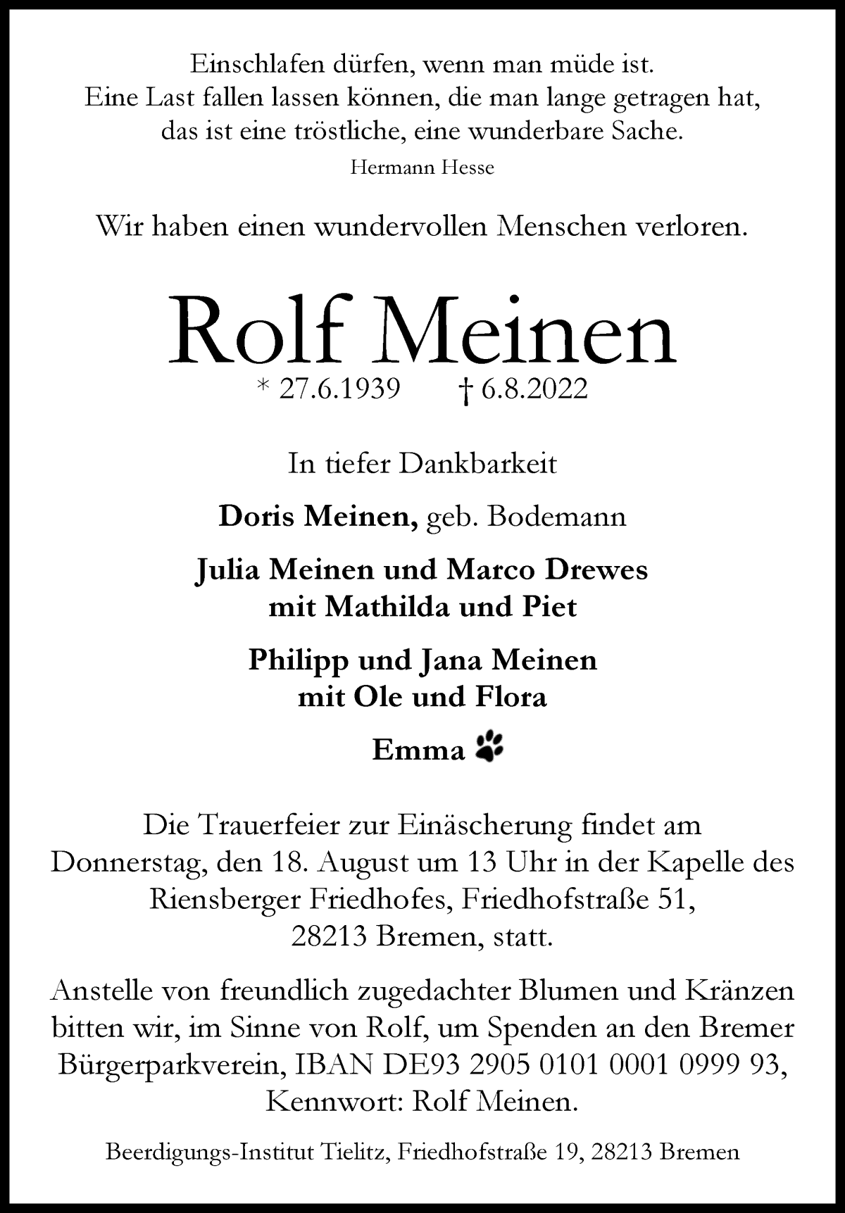 Traueranzeige von Rolf Meinen von WESER-KURIER