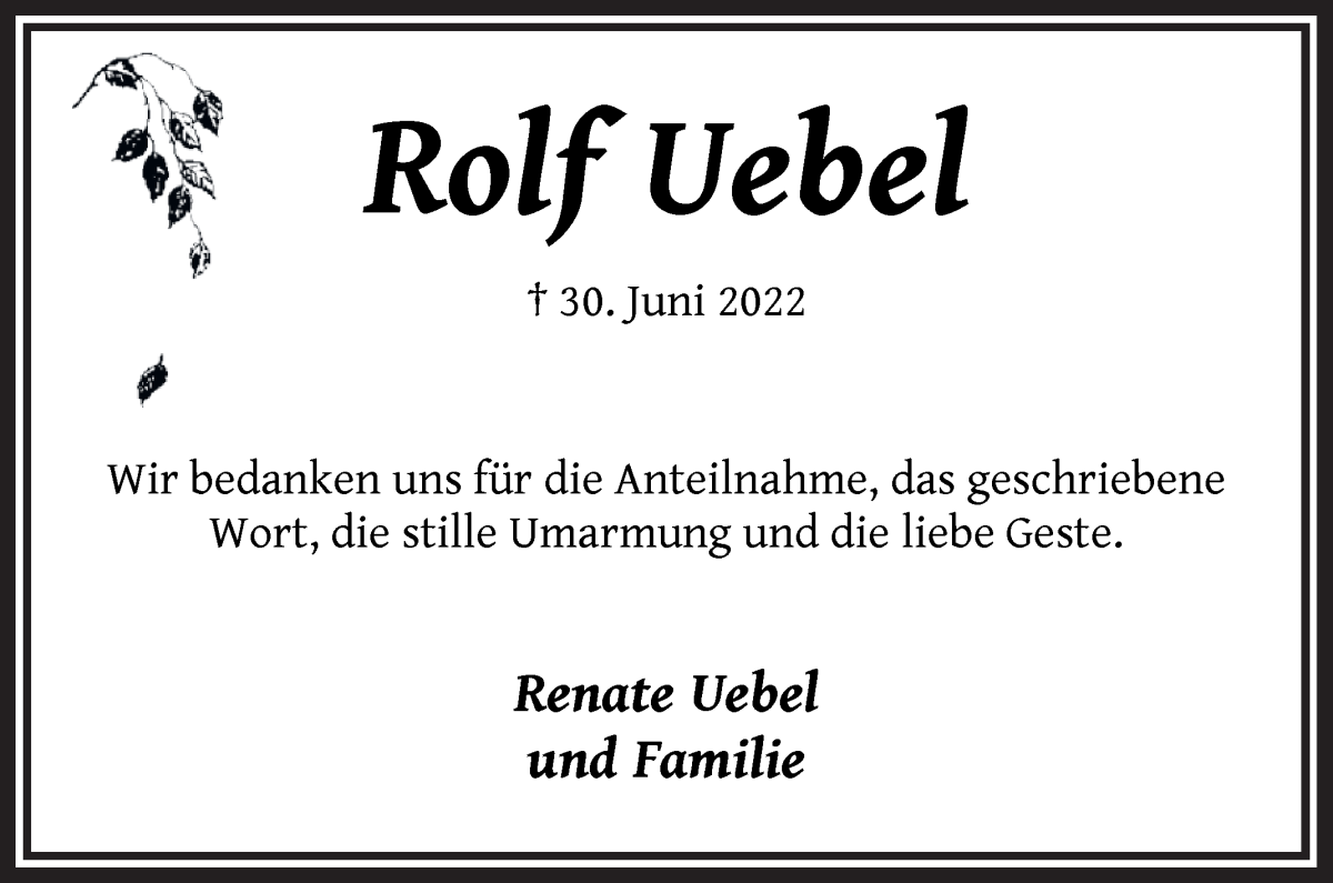 Traueranzeige von Rolf Uebel von Die Norddeutsche