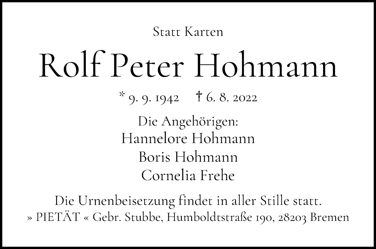 Traueranzeige von Rolf Peter Hohmann von WESER-KURIER