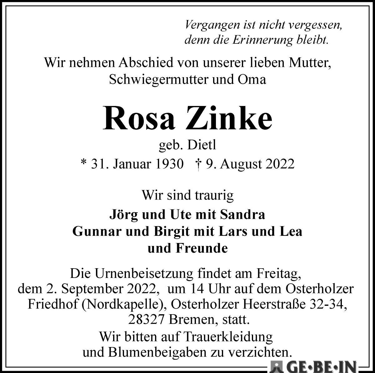 Traueranzeige von Rosa Zinke von WESER-KURIER