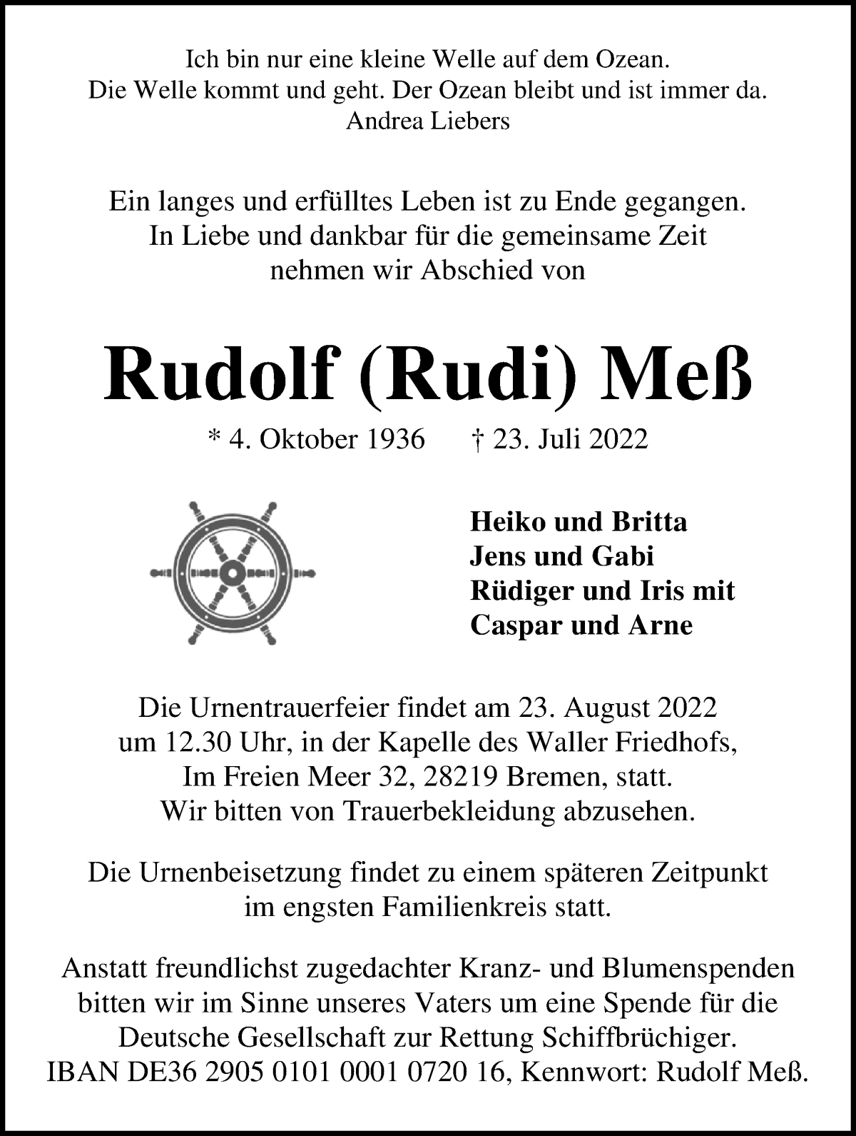Traueranzeige von Rudolf Meß von WESER-KURIER