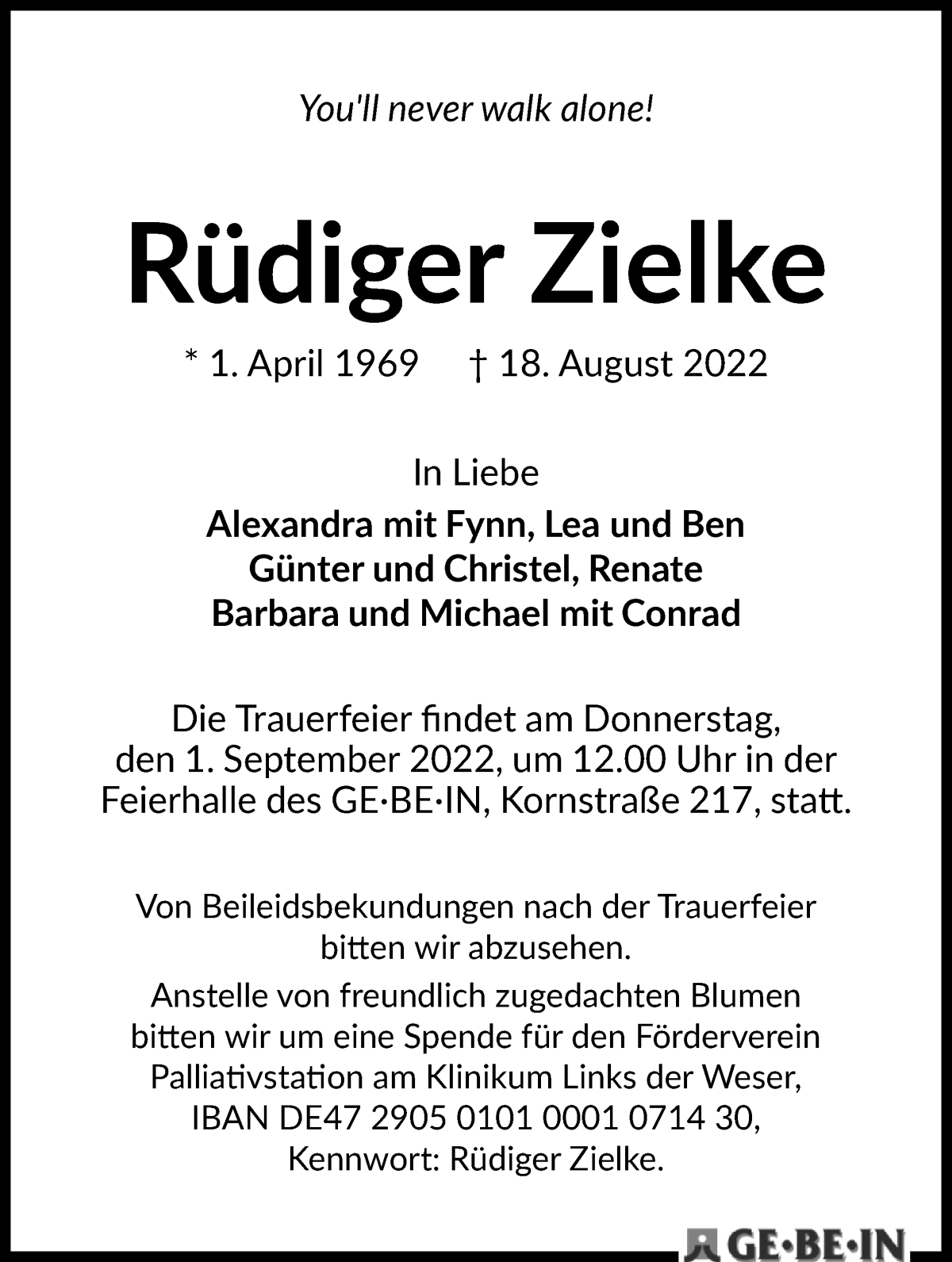 Traueranzeige von Rüdiger Zielke von WESER-KURIER
