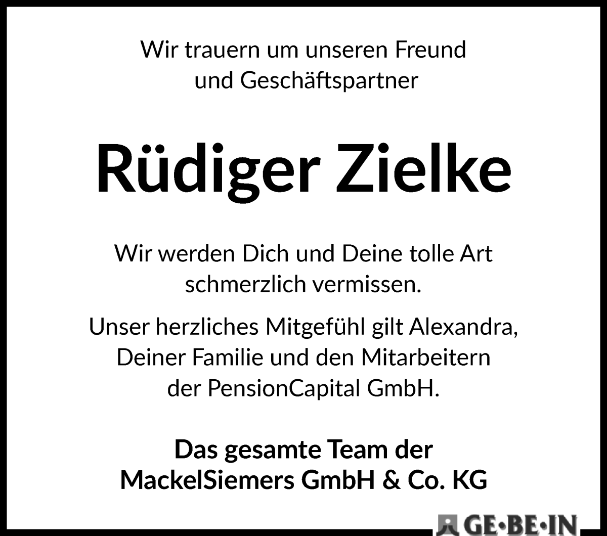 Traueranzeige von Rüdiger Zielke von WESER-KURIER