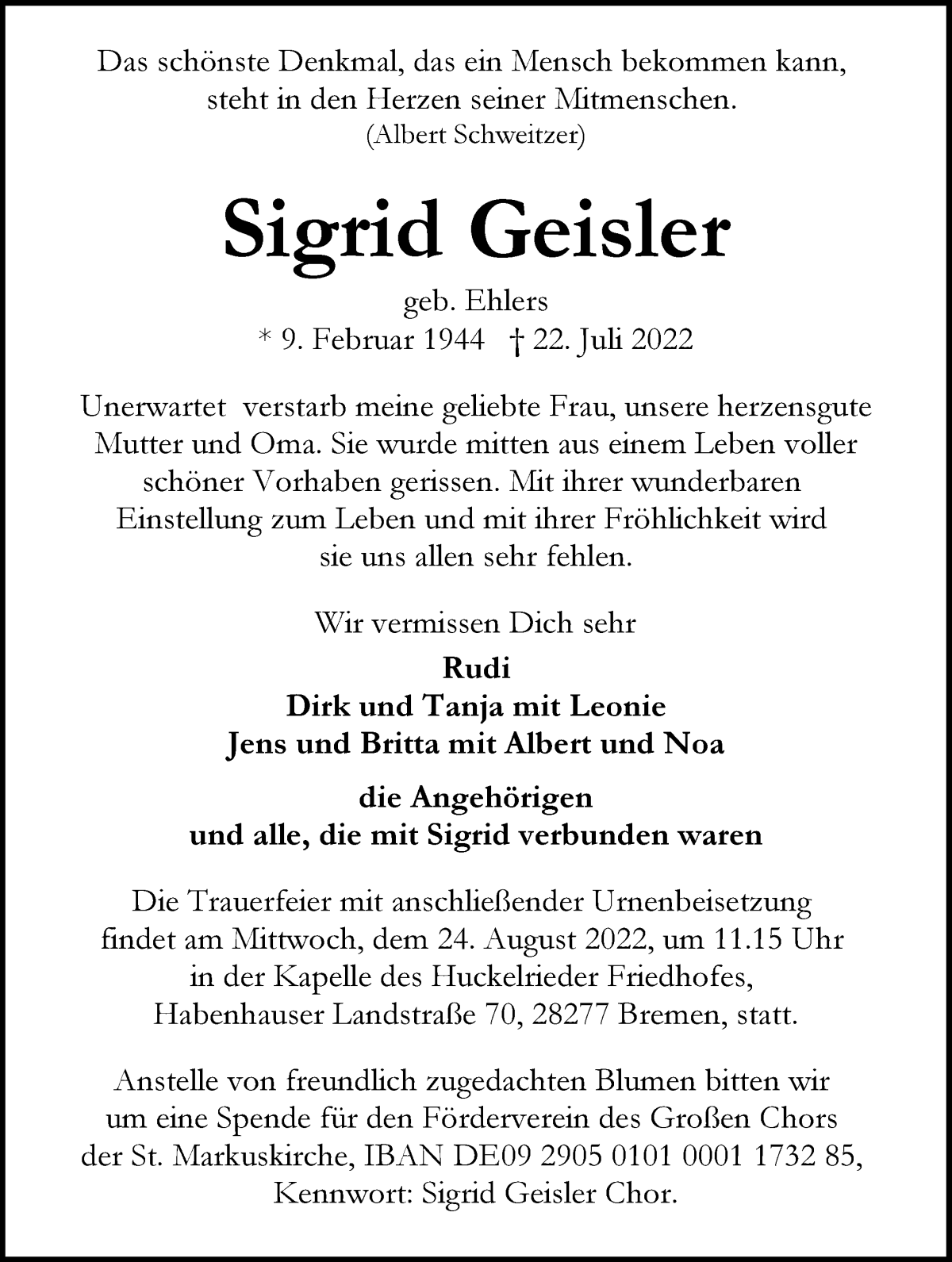 Traueranzeige von Sigrid Geisler von WESER-KURIER