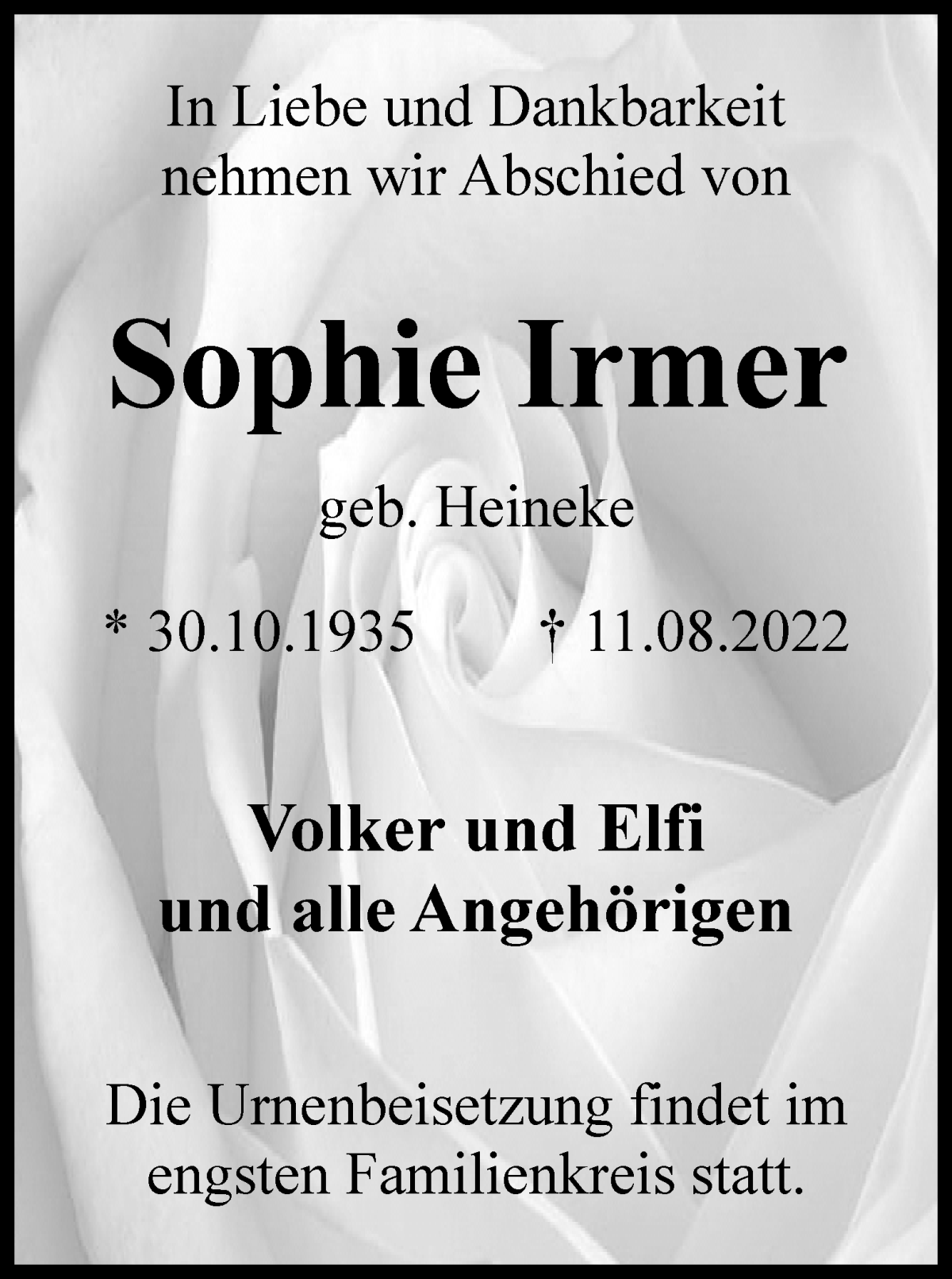 Traueranzeige von Sophie Irmer von WESER-KURIER