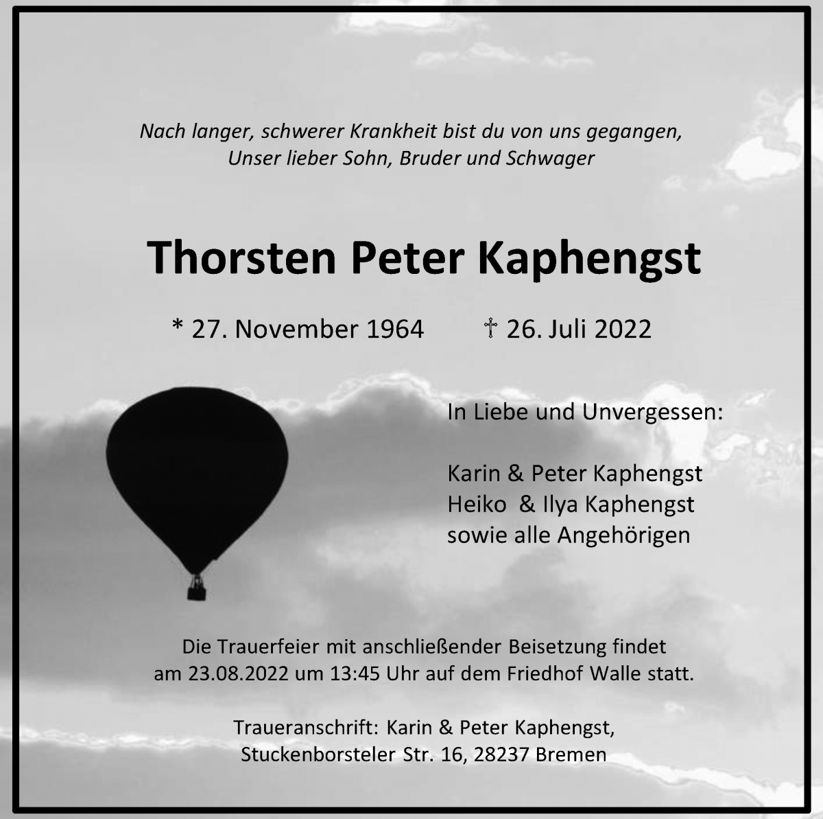 Traueranzeige von Thorsten Peter Kaphengst von WESER-KURIER