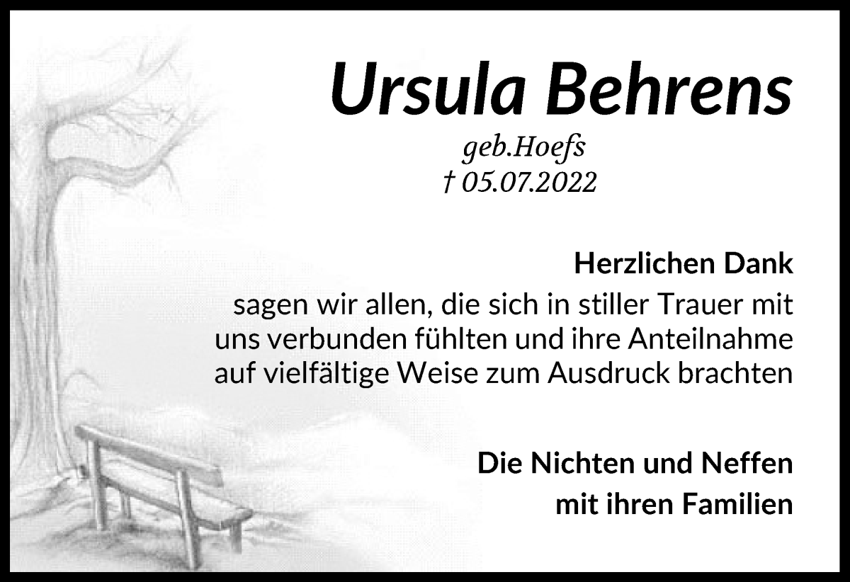 Traueranzeige von Ursula Behrens von Osterholzer Kreisblatt