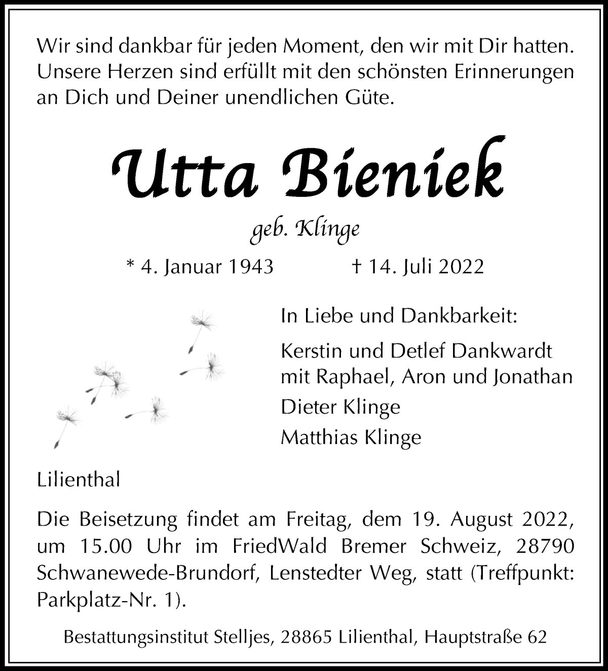 Traueranzeige von Utta Bieniek von Wuemme Zeitung