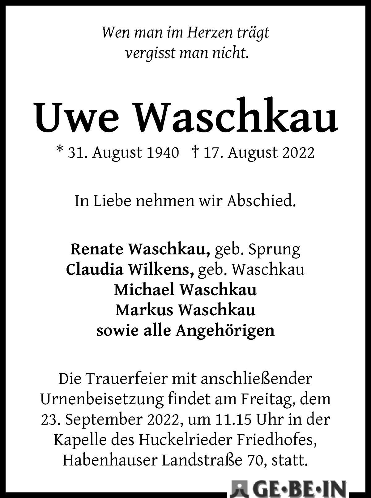 Traueranzeige von Uwe Waschkau von WESER-KURIER
